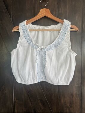 Cottagecore Milkmaid White Eyelet Crop Cami Top Blue Embroidery Y2K